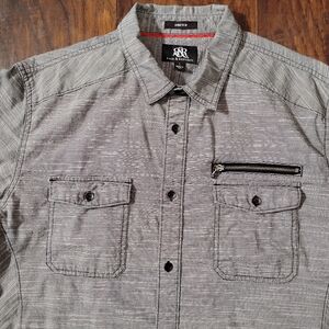 Rock & Republic Men's Black Striped‎ Button-Up Shirt L Stretch Zipper Pocket